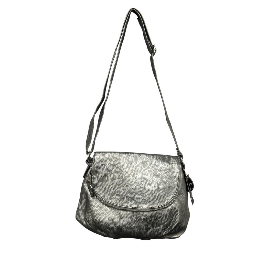 George Silver Faux Leather Shoulder Bag Adjustable Strap Zippered Compartments